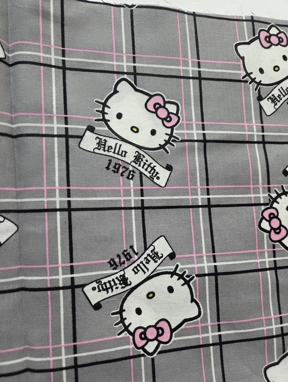 Sanrio Hello Kitty Plaid Print Cotton Fabric - Gray & Pink 46×42in.